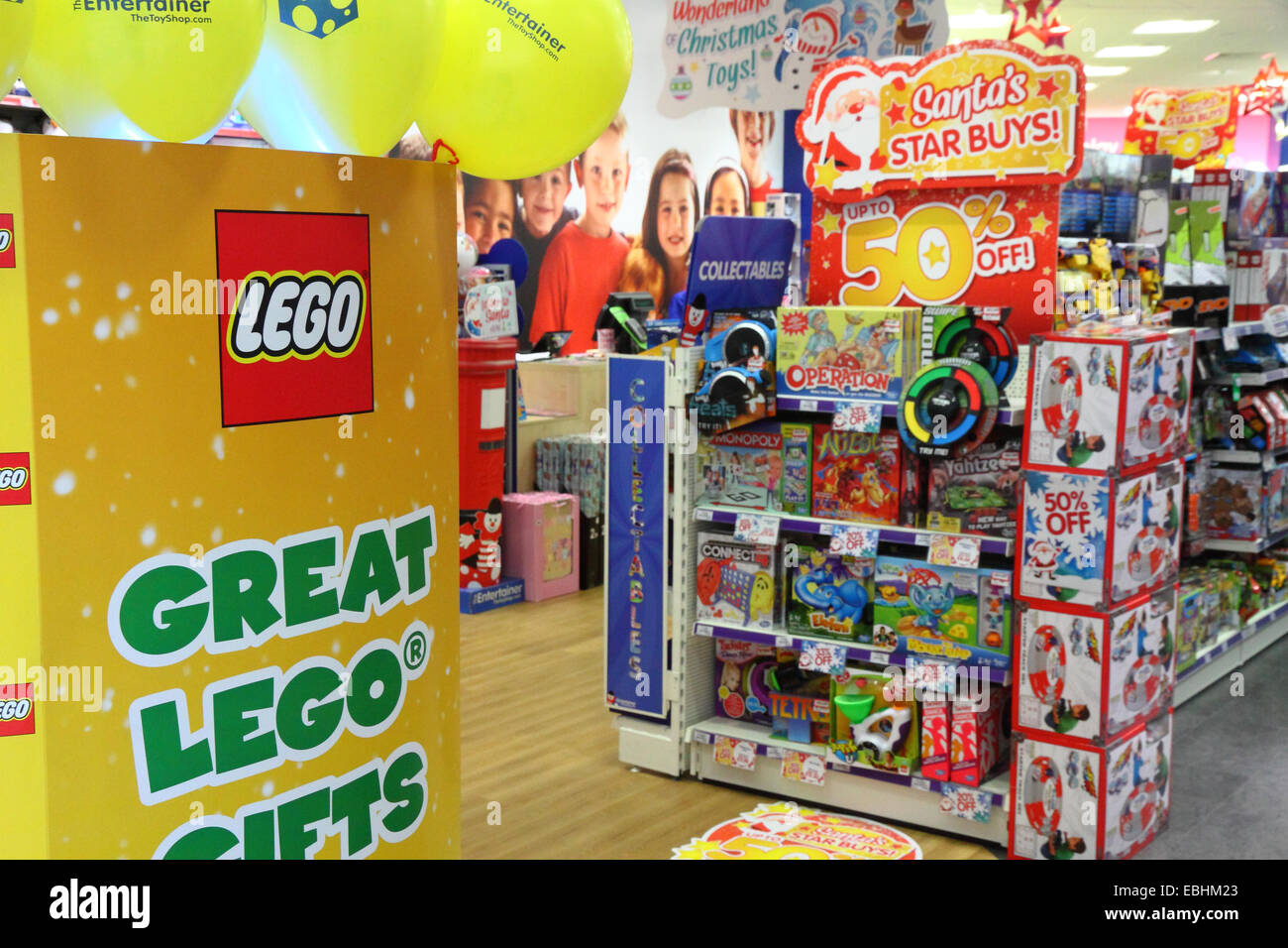Colourful entrance to a toy store at Christmas Stock Photo