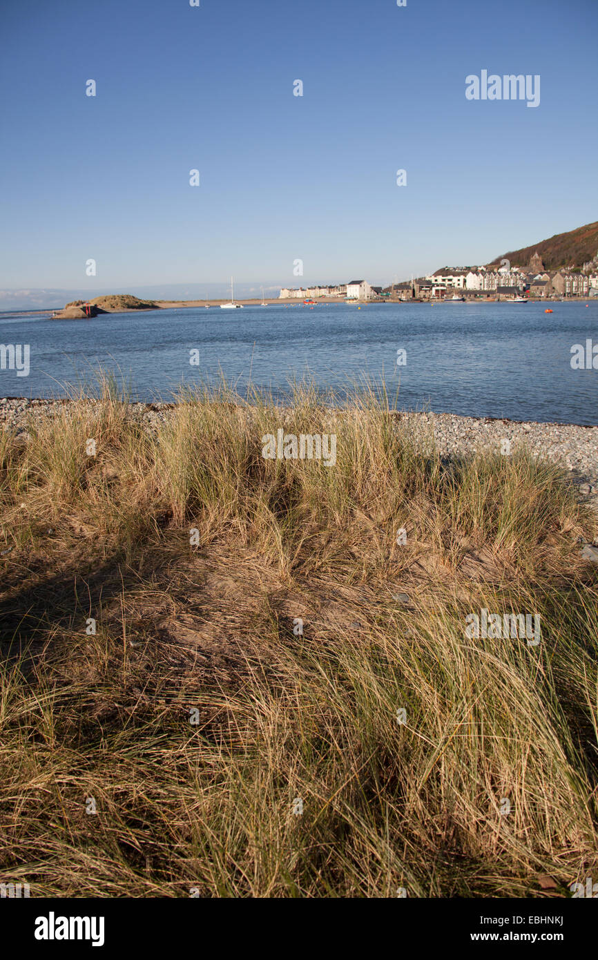 Town of Barmouth, Wales. Picturesque late autumn view of Barmouth harbour and estuary. Stock Photo