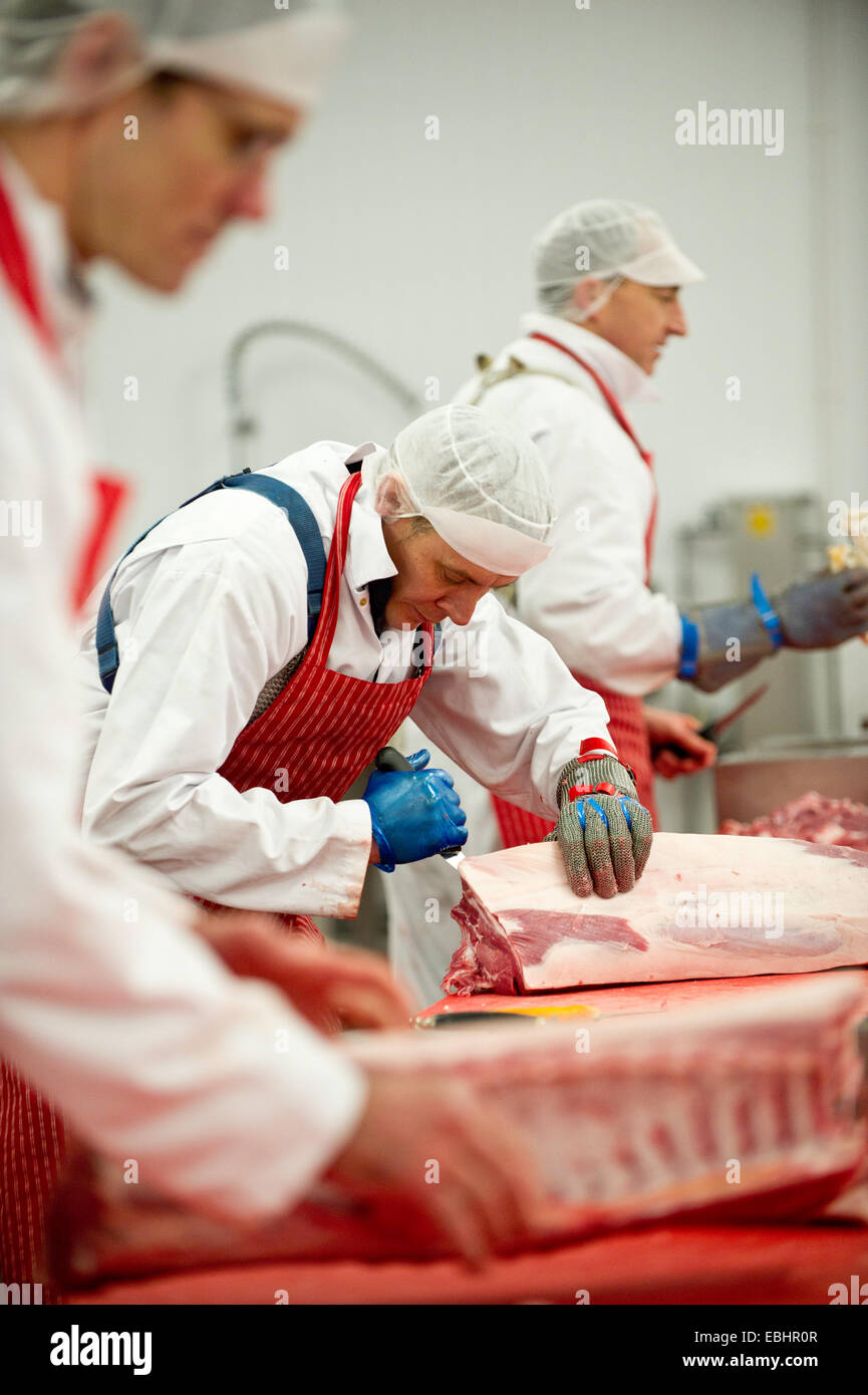 Butchers at work in a meat processing factory Stock Photo