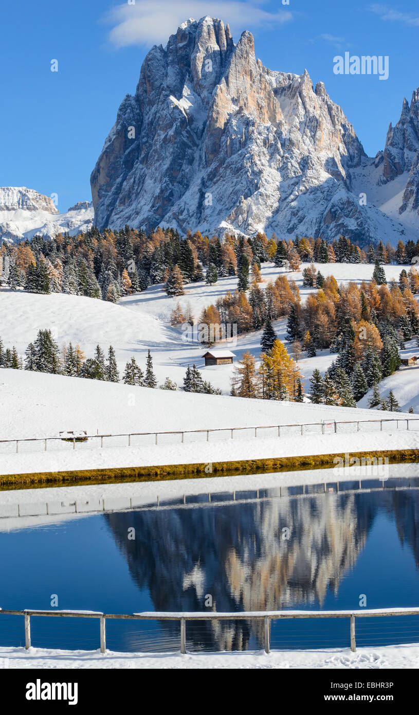 Reflection of the Langkofel (Sassolungo) Dolomites mountain top in a lake on the Seiser Alm (Alpe di Siusi) in Italy. Stock Photo
