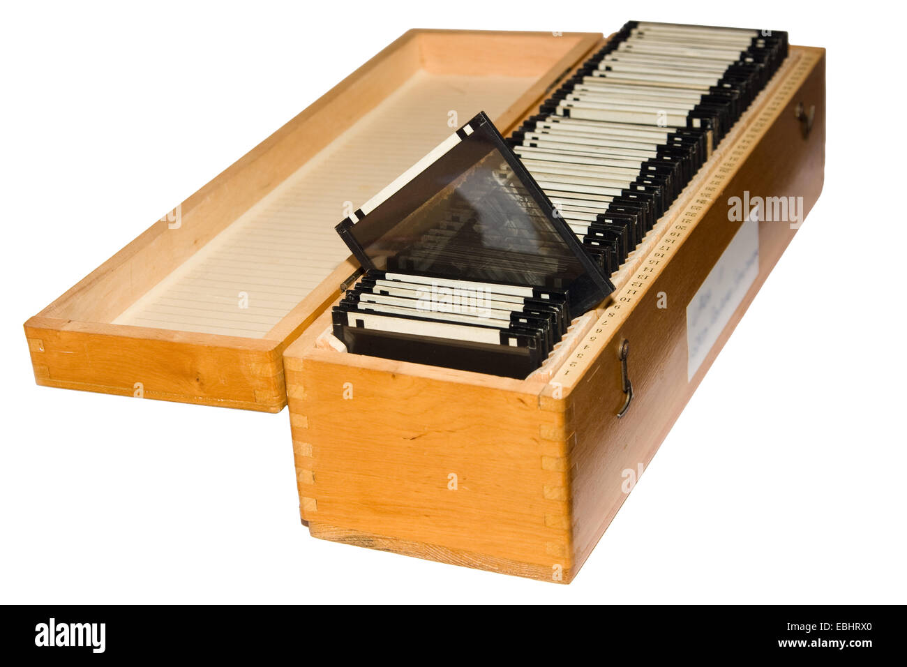 Photographic glass plates in a wooden box. Stock Photo