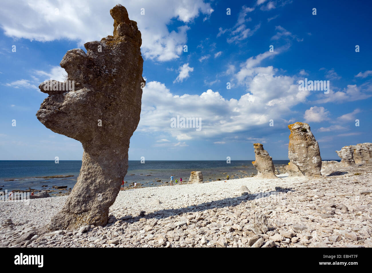 Face-like seastacks at Langhammar on the island of Gotland, Sweden. The local name for a seastack is a Rauk Stock Photo