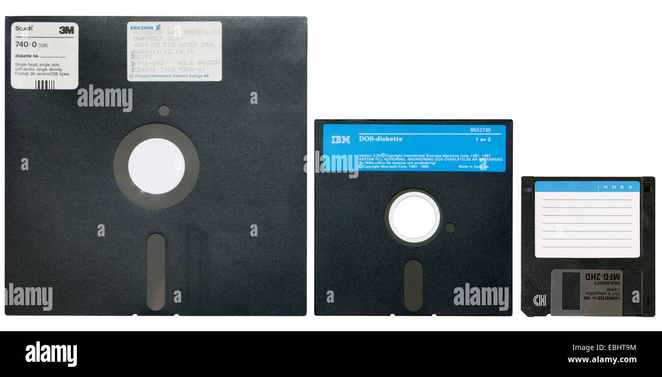 Three types of computer floppy disks (diskettes). Sizes from left to right: 8, 5.25 and 3.5 inches (200 mm, 133 mm, 90 mm). Stock Photo