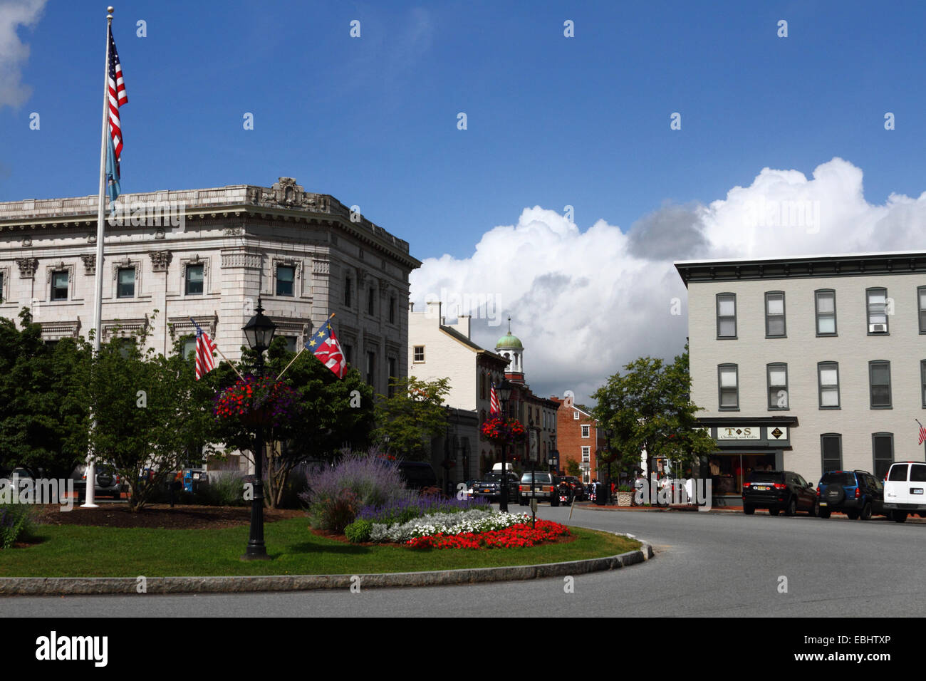 View of Lincoln Square, Gettysburg, Pennsylvania, USA. The flag on the right of the lamp post is the Gettysburg town flag. Stock Photo