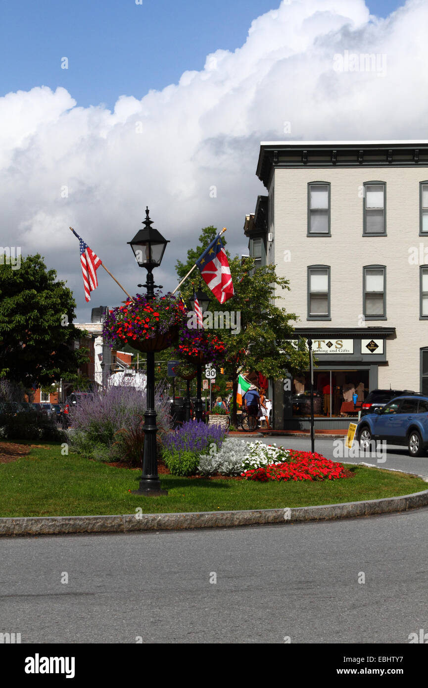 View of Lincoln Square, Gettysburg, Pennsylvania, USA. The flag on the right of the lamp post is the Gettysburg town flag. Stock Photo