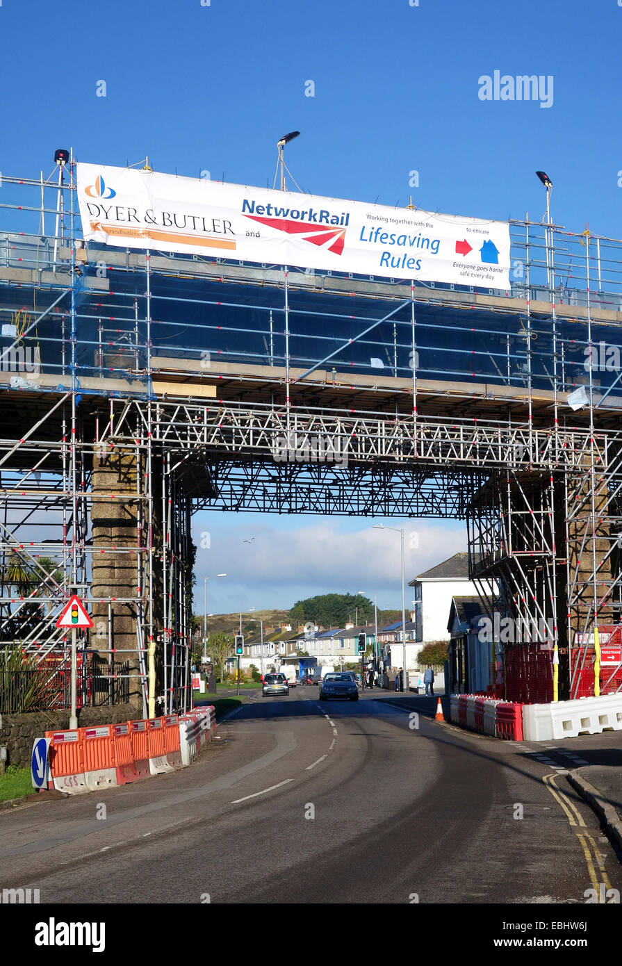 Railway viaduct at Hayle in Cornwall, UK, undergoing structural repairs Stock Photo