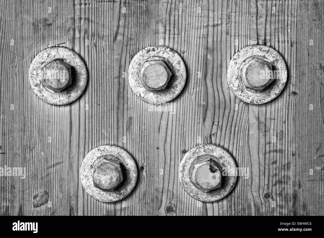 Five steel nuts fixed on wood Stock Photo