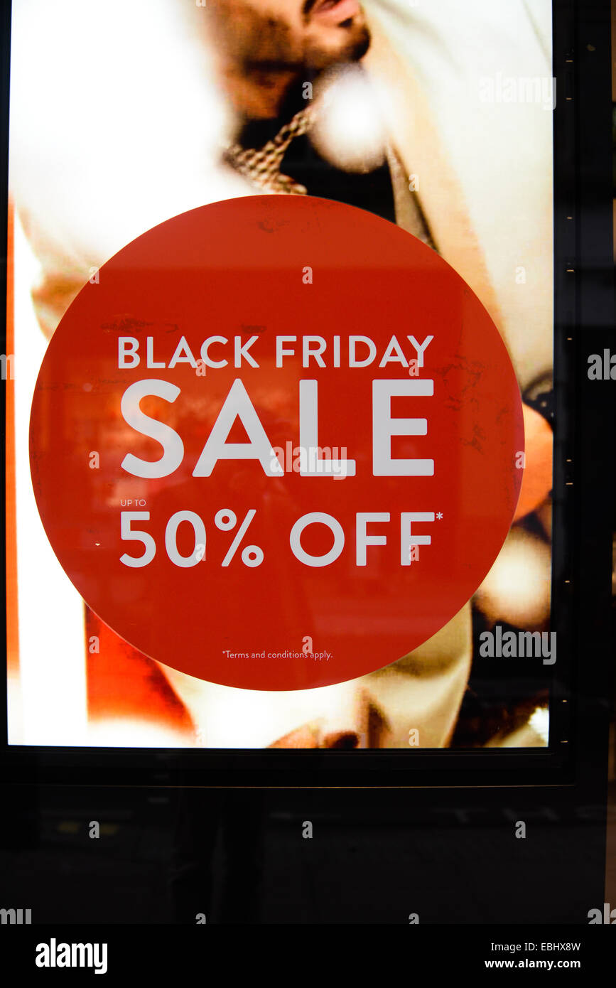 Black Friday sale signs in shop windows in Oxford Street, London Stock Photo