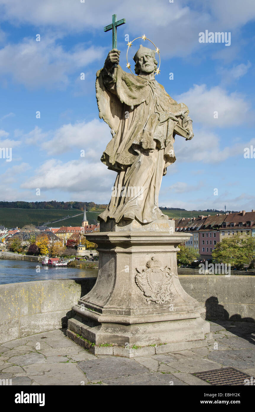 Germany, Franconia, Würzburg, Wuerzburg, "Alte Mainbrücke", lined with many  statues of saints,  the oldest bridge over the Main Stock Photo