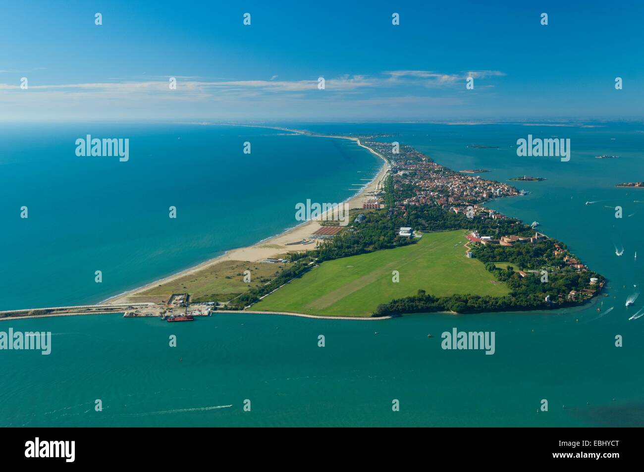 Aerial view of North Lido island at San Nicolo,  Venice lagoon, Italy, Europe Stock Photo