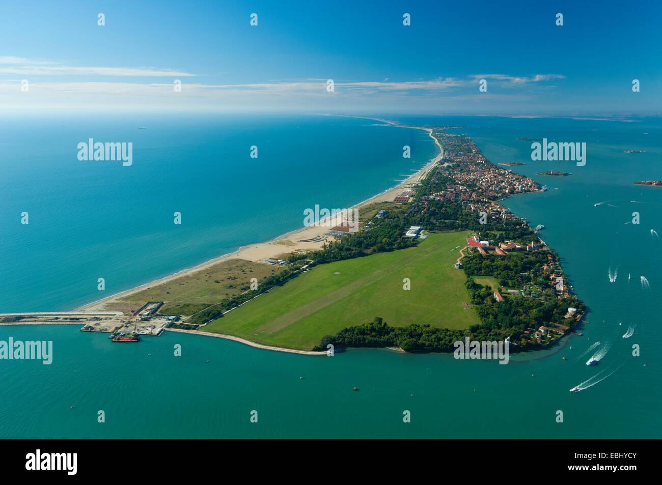 Aerial view of North Lido island at San Nicolo,  Venice lagoon, Italy, Europe Stock Photo