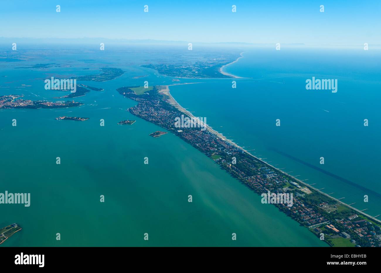 Aerial view of Lido island and Venice lagoon, Italy, Europe Stock Photo
