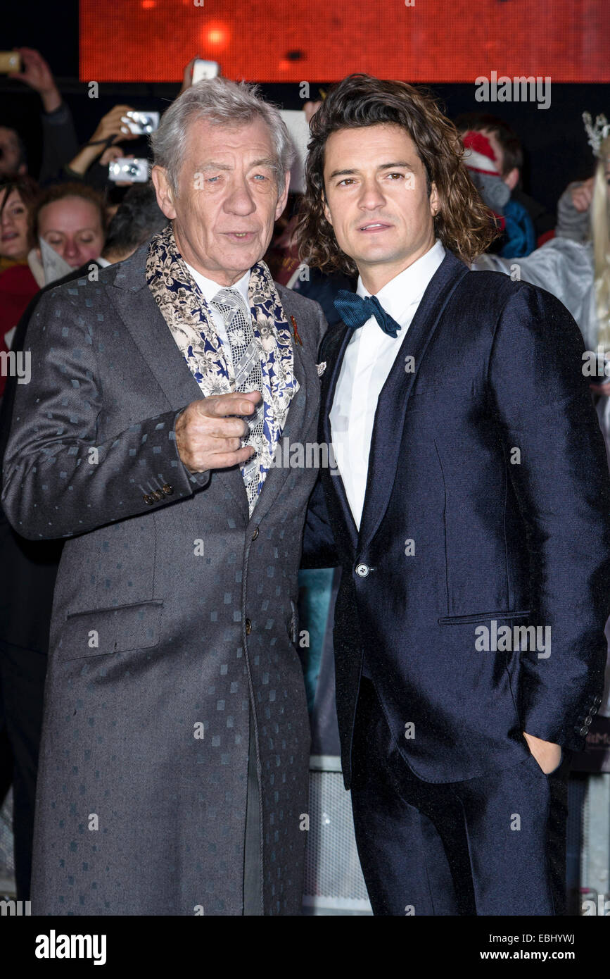 London, UK. 1st December, 2014. Ian McKellen and Orlando Bloom attends the The World Premiere of The Hobbit: The Battle of 5 Armies on 01/12/2014 at The Empire Leicester Square, London. Persons pictured: Ian McKellen, Orlando Bloom. Credit:  Julie Edwards/Alamy Live News Stock Photo