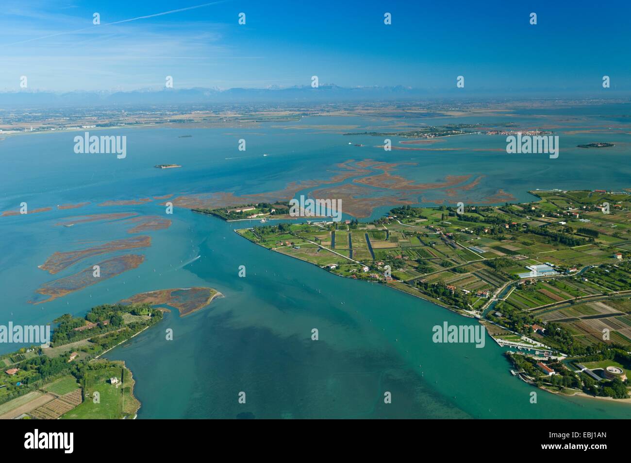 Aerial view of Sant'Erasmo island, Venice lagoon, Italy, Europe Stock Photo