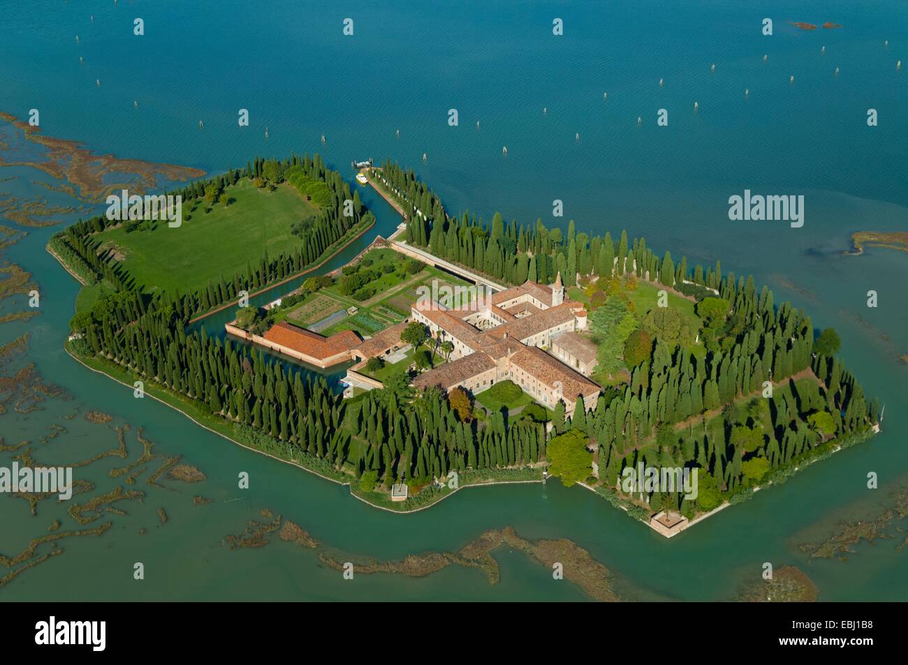 Aerial view of San Francesco del Deserto island, Venice lagoon, Italy, Europe Stock Photo
