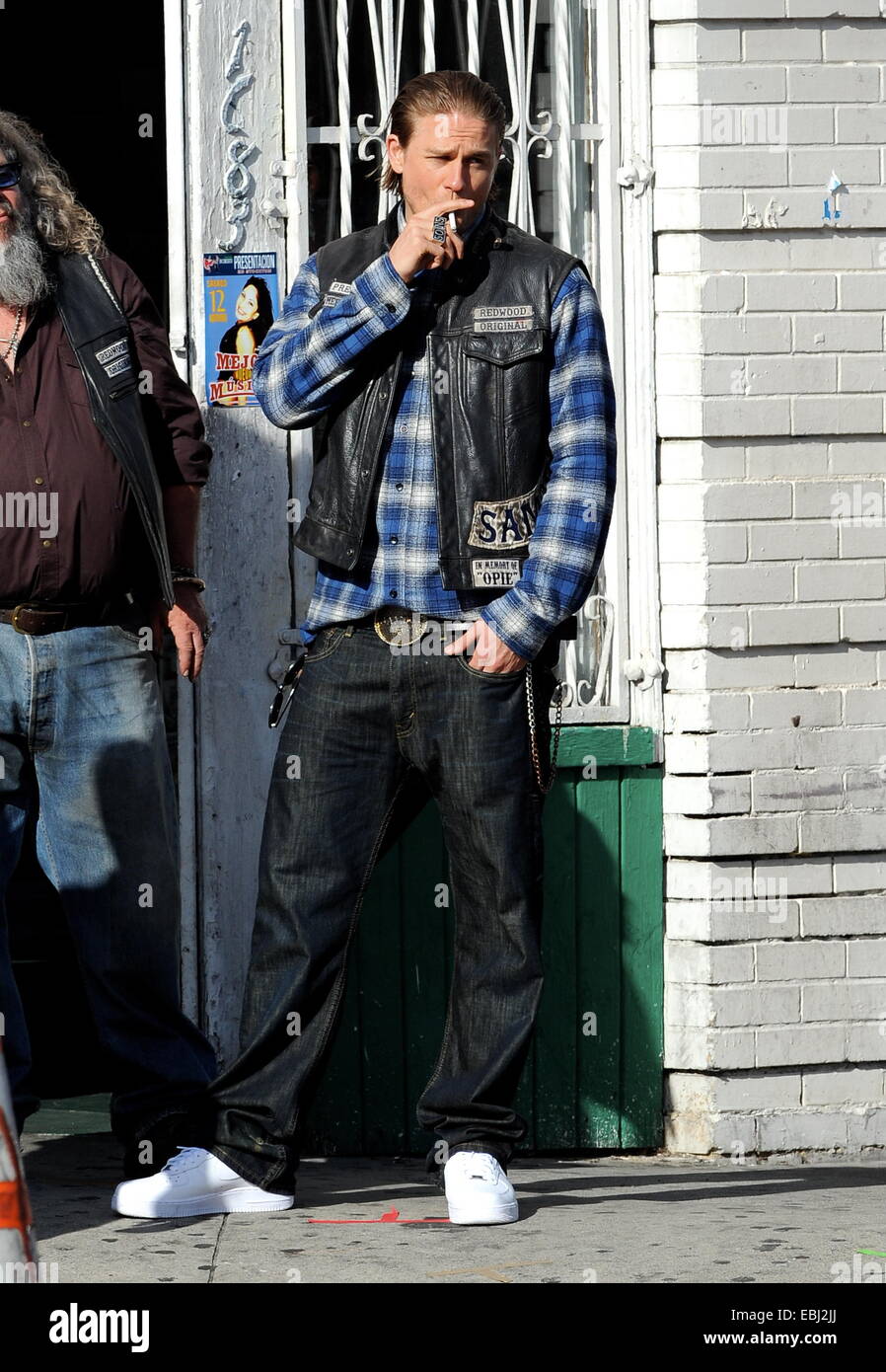 Charlie Hunnam hops on his bike on the set of "Sons Of Anarchy" after  taking time off to film his new movie Crimson Peak in Canada. The uk actor  was seen fooling