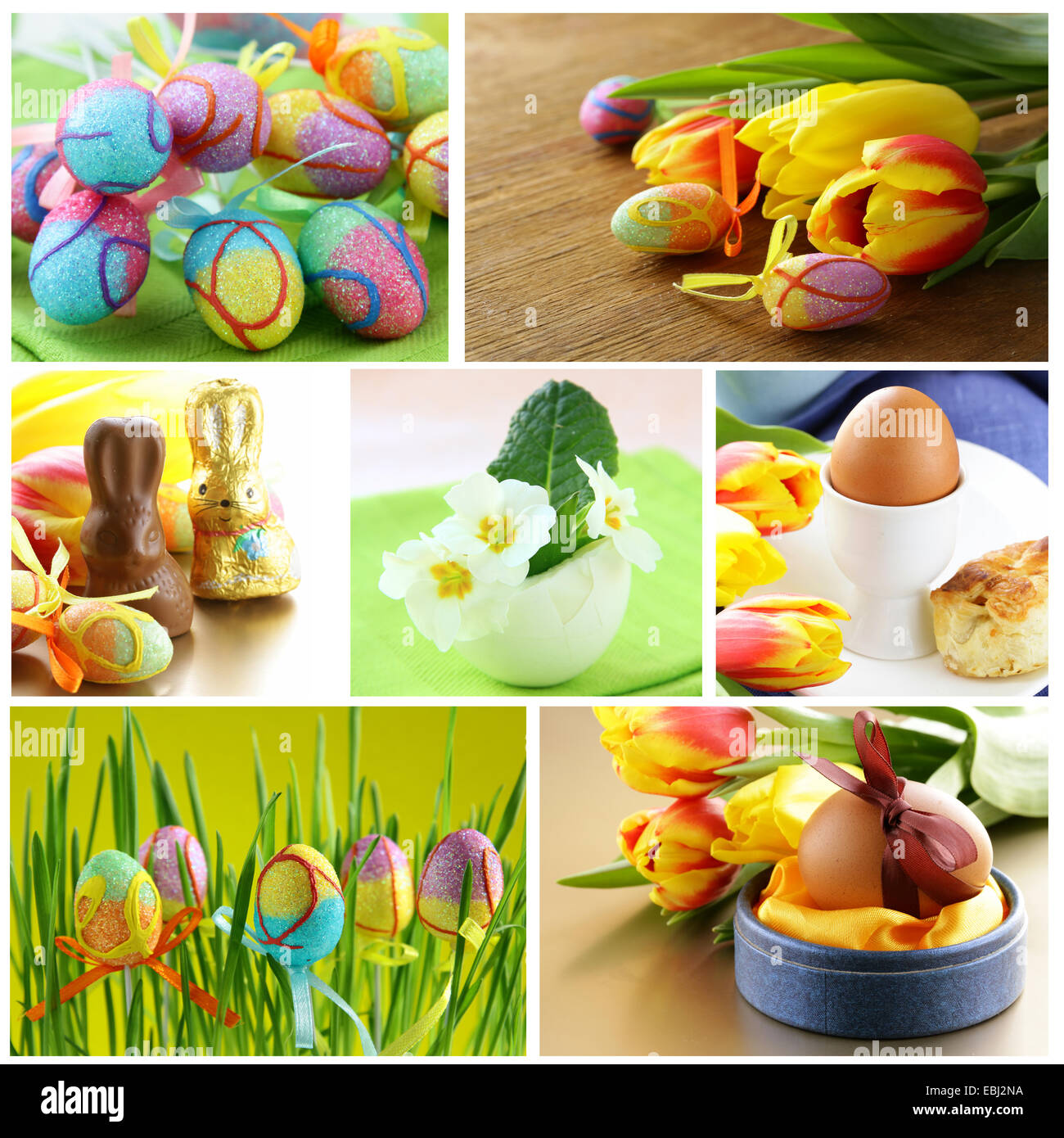 collage Easter symbols colored eggs, flowers and decorations Stock