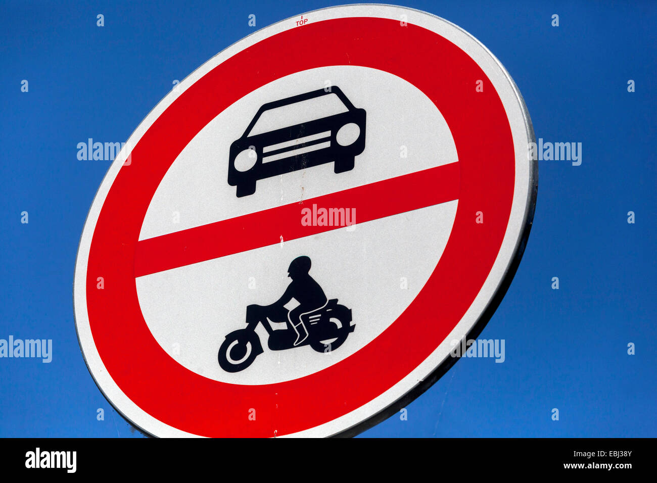 Road sign showing no entry for cars or motorcycles Stock Photo