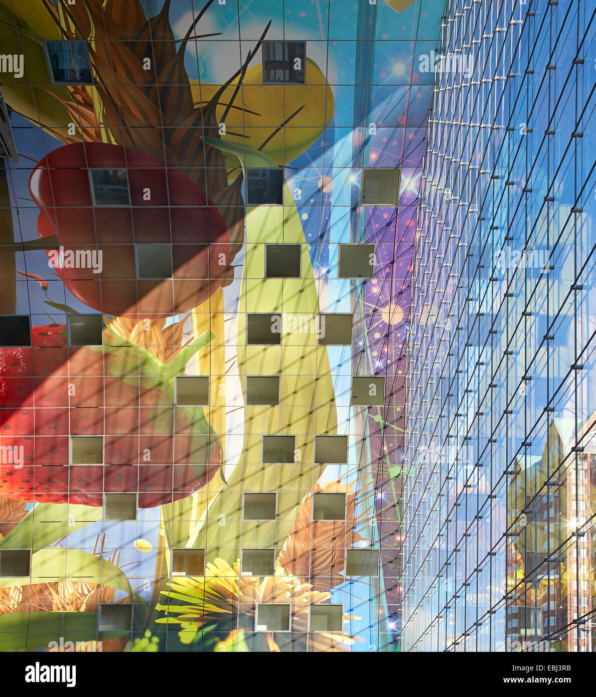 Market Hall Rotterdam, Rotterdam, Netherlands. Architect: MVRDV, 2014. Abstract of glazing and mural. Stock Photo