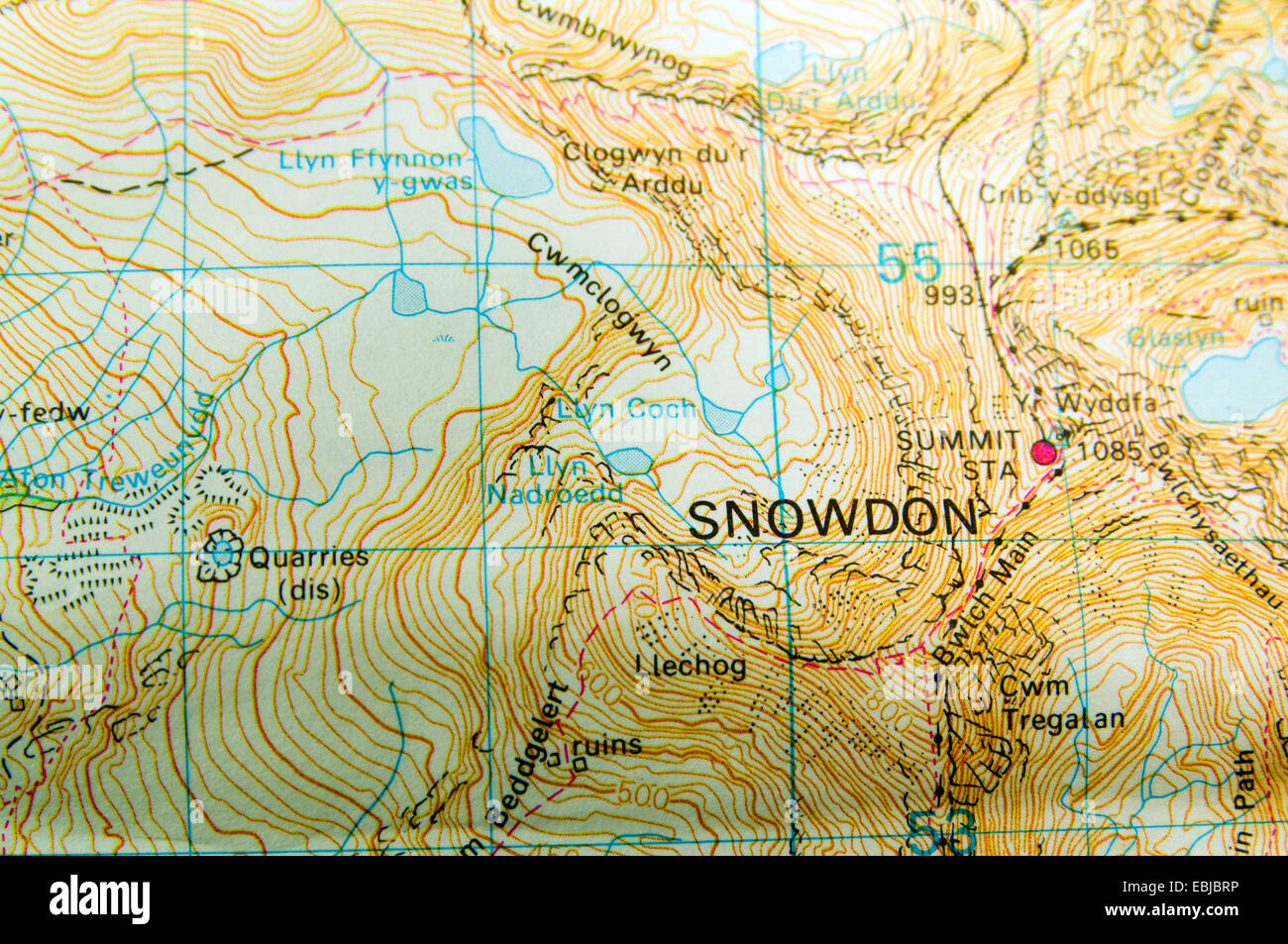Ordnance Survey Map of  Snowdon, North Wales, UK. Stock Photo