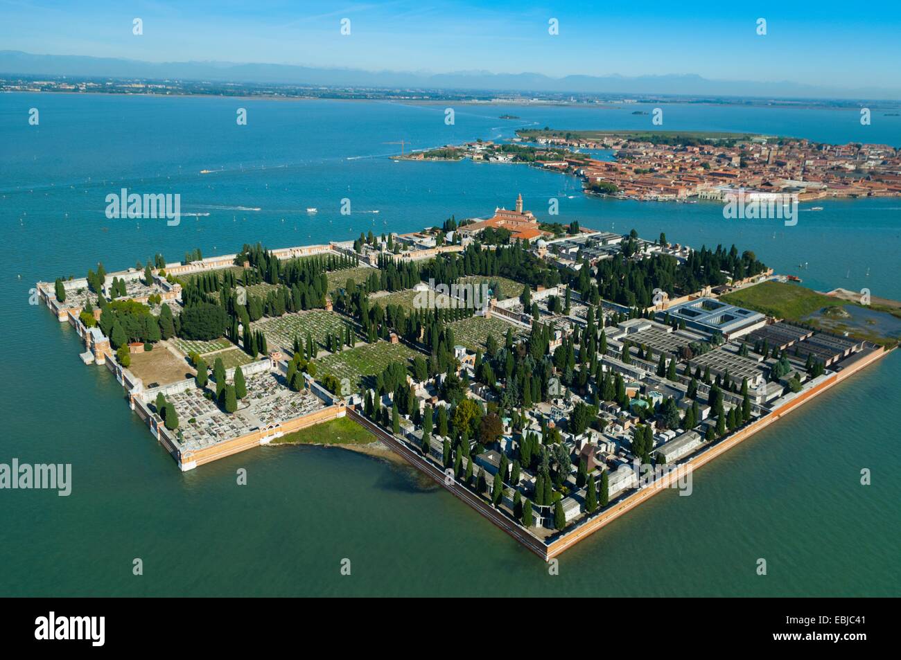 Aerial view of isola San Michele island, Venice lagoon, Italy, Europe