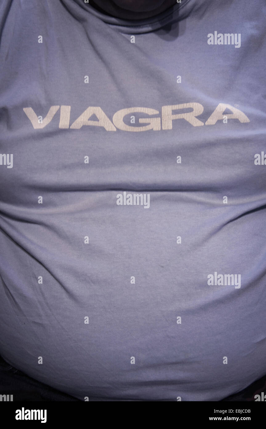 VIAGRA, sign, logo, blue shirt, fat man belly, obesity Stock Photo - Alamy
