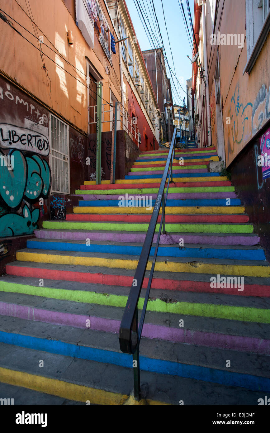 Painted stairs and graffitis. Valparaiso. Chile Stock Photo