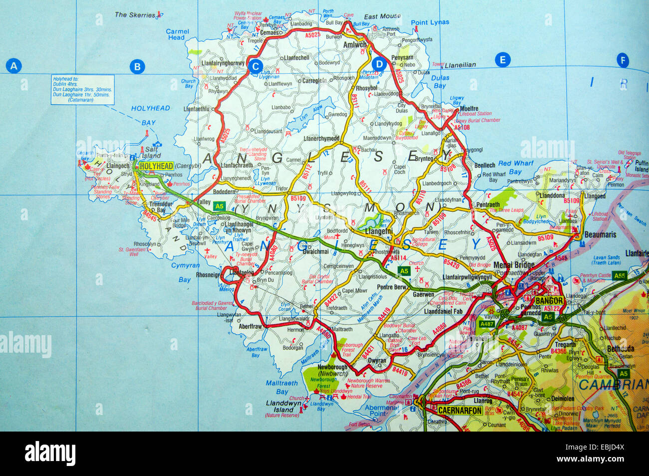 Road Map of Aglesey/ Ynys Mon, North Wales. Stock Photo