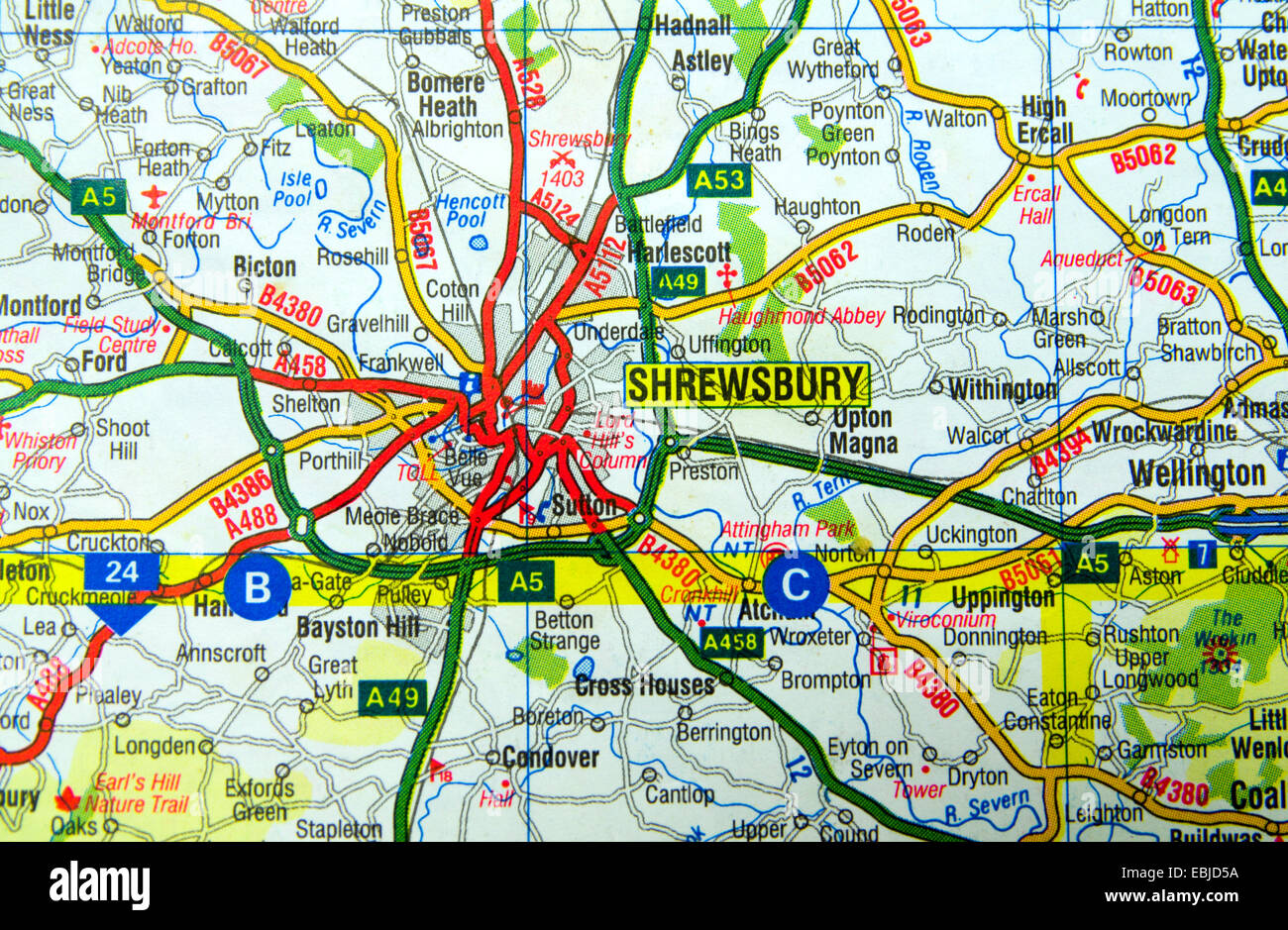 Shropshire Rights Of Way Map Road Map Of Shrewsbury, Shropshire, England Stock Photo - Alamy