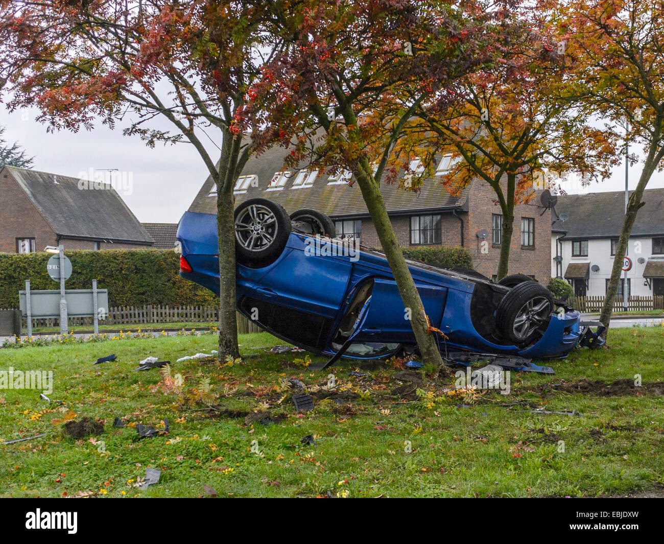 Unusual Motor vehicle accident, depicting blue sports saloon vehicle on its roof, amongst trees on a roundabout traffic island Stock Photo