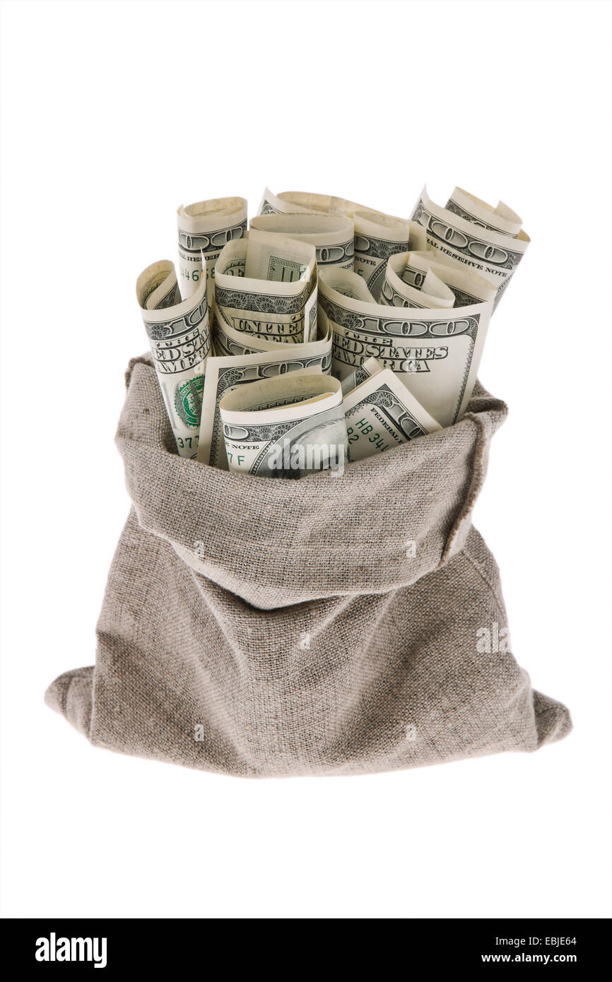 many dollar bills in a sack Stock Photo