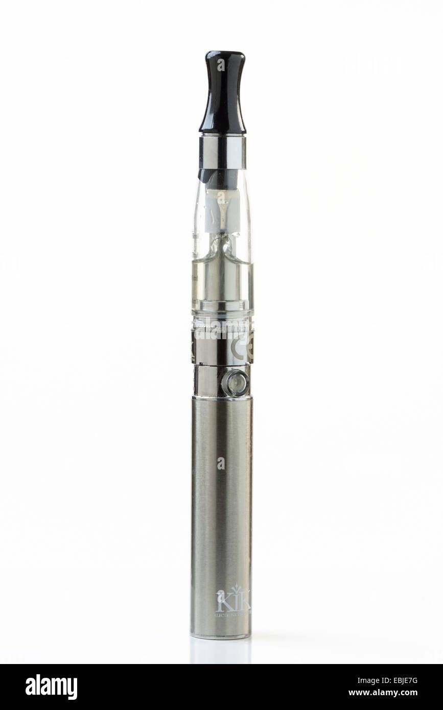 Close up of a stainless steel e-cigarette or vaporiser. Substitute for smoking. Stock Photo