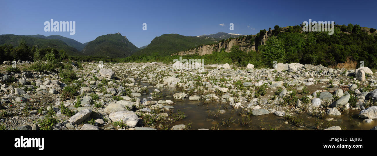 River bed covered with bolders at the foot of Mount Olympus, Greece, Macedonia, Olymp Stock Photo