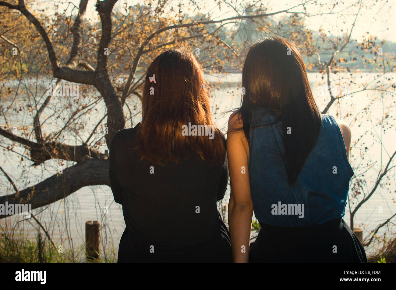 Two young women sitting beside lake, rear view Stock Photo