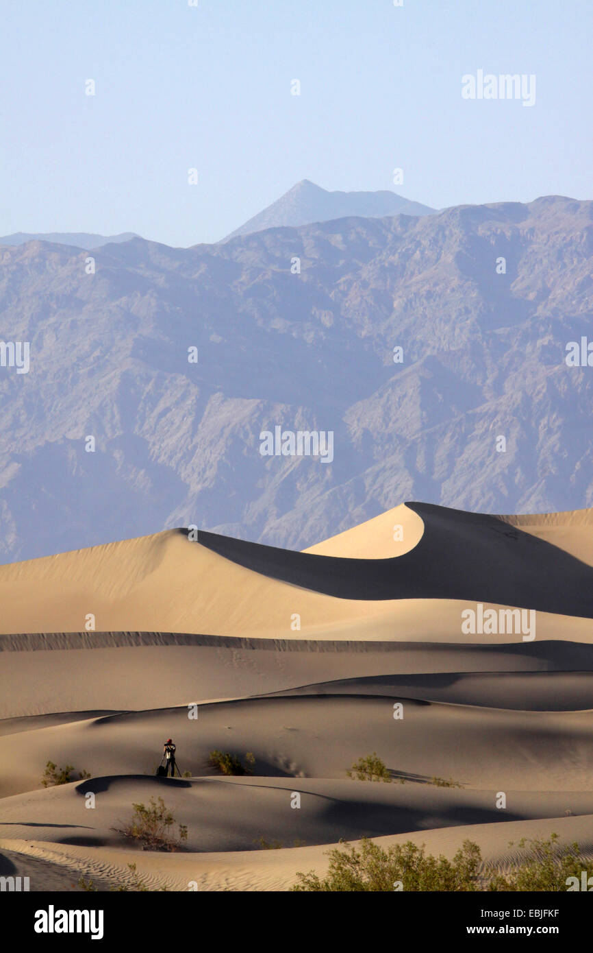 nature photographer in sand dunes in front of monumentally looming rock wall, USA, California, Death-Valley-Nationalpark, Stovepipe Wells Stock Photo