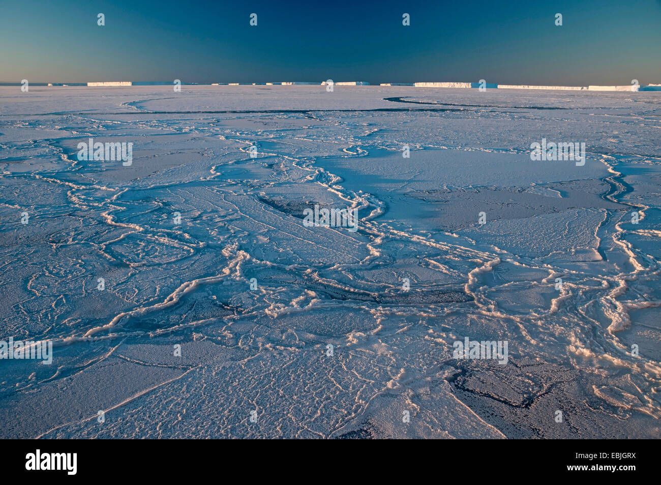 pack ice field at extreme frost near the iceberg resting place Austasen at sunrise, Antarctica Stock Photo