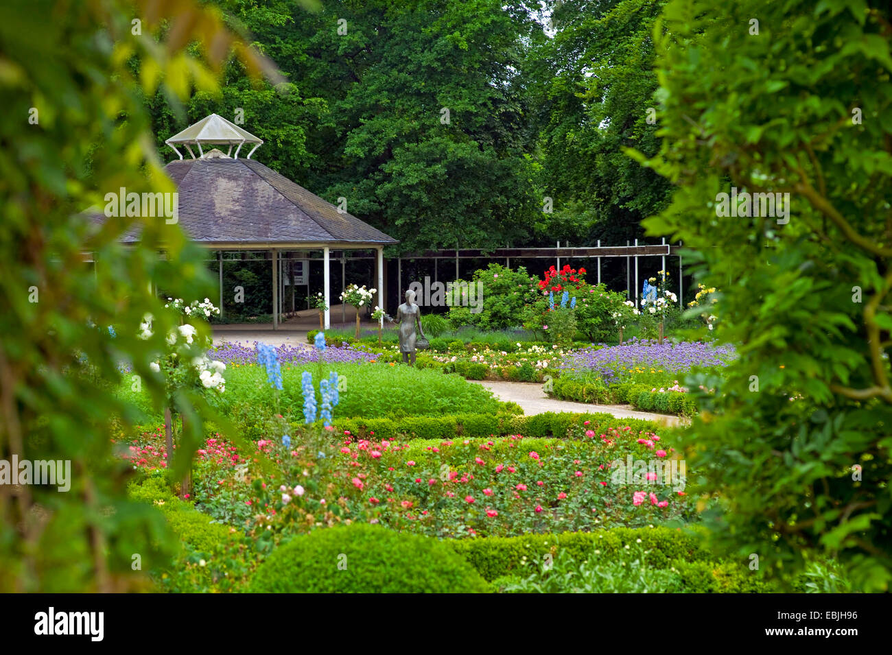 pavilion among the beds of blooming plants in the Flora Westfalica, Germany, North Rhine-Westphalia, Rheda Wiedenbrueck Stock Photo