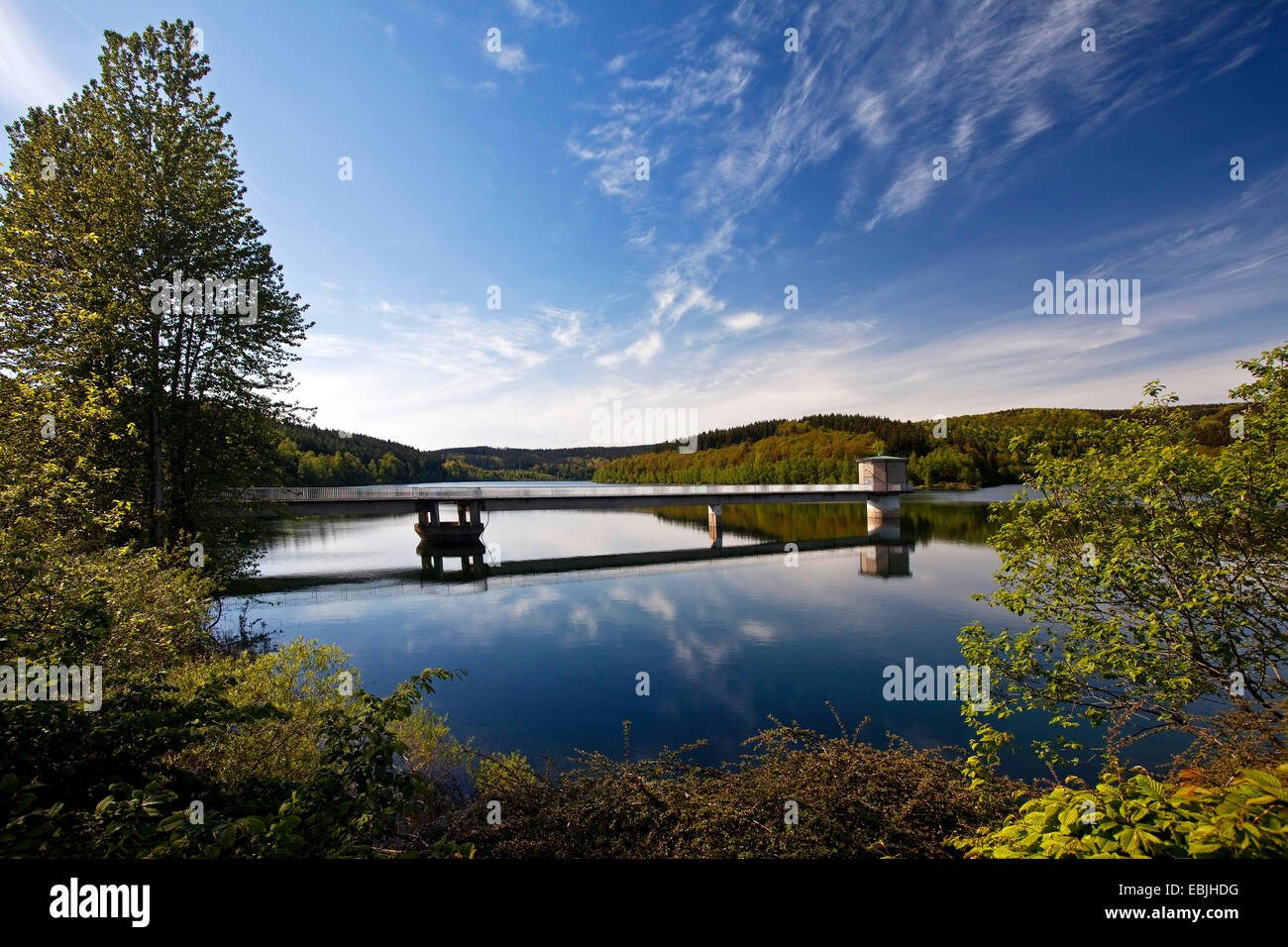 view over the Breitenbachtalsperre with selective water withdrawal tower, Germany, North Rhine-Westphalia, Siegerland, Hilchenbach Stock Photo