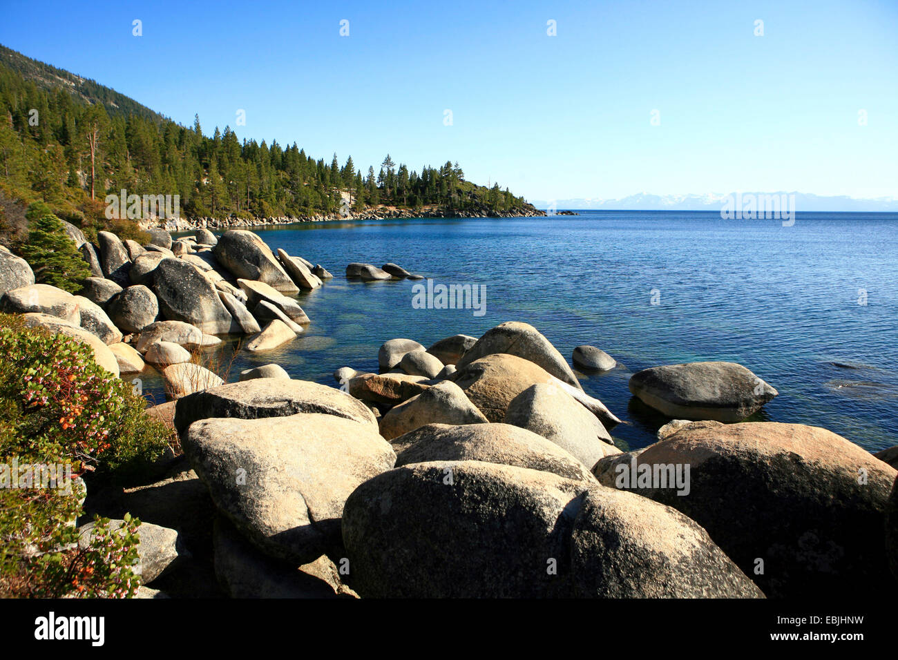 view from the stony shore over Lake Tahoe, USA, Nevada, Sand Harbour Stock Photo