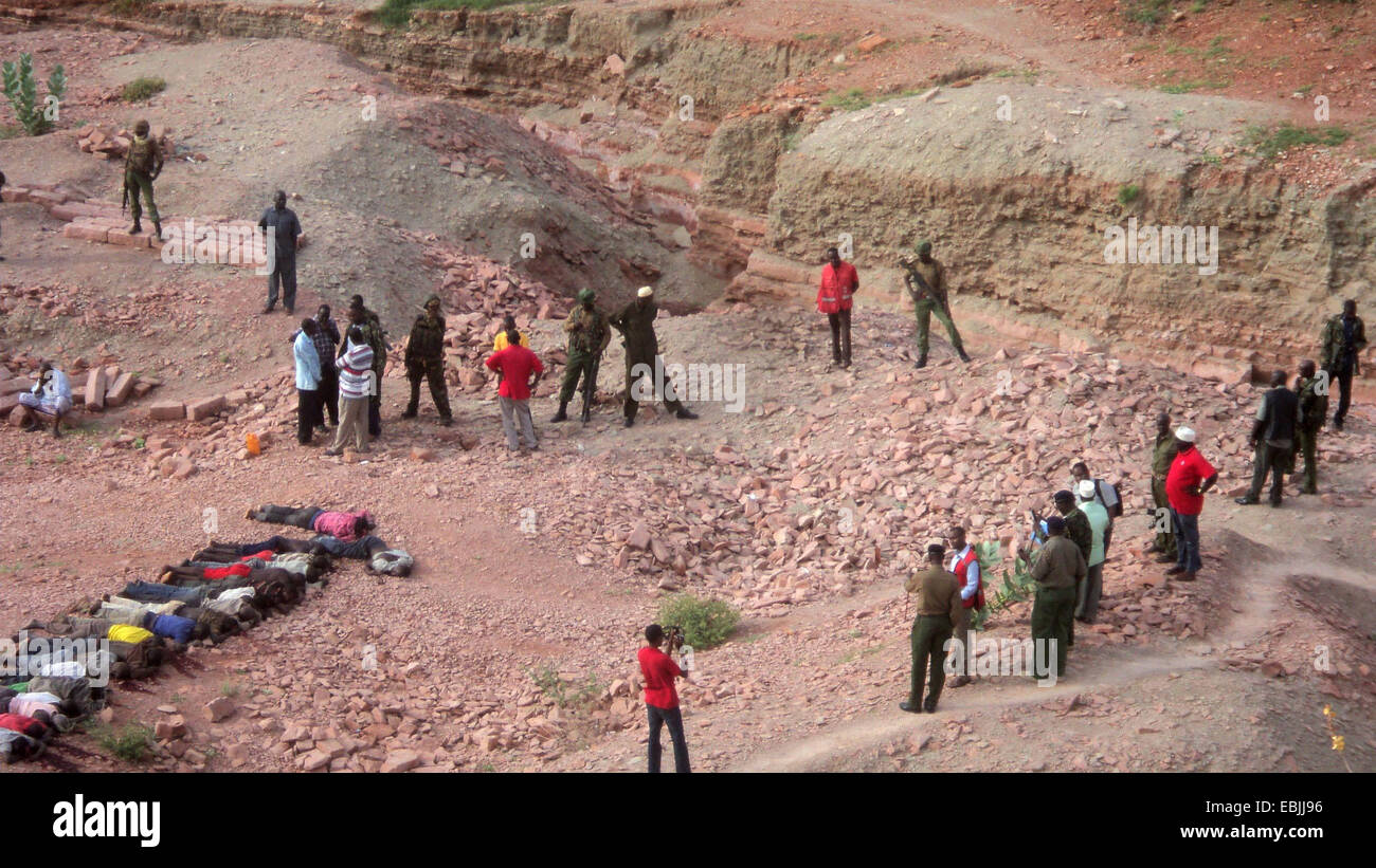 Nairobi, Kenya. 2nd Dec, 2014. Bodies of victims are seen at a quarry at Koromey area in the outskirts of Mandera town, Kenya, Dec. 2, 2014. Kenyan presidential spokesman Manoah Esipisu said Tuesday heavily armed bandits raided a quarry workers' camp at Koromey at around 2 a.m., killing 36 people. Credit:  Fabian Mangera/Xinhua/Alamy Live News Stock Photo