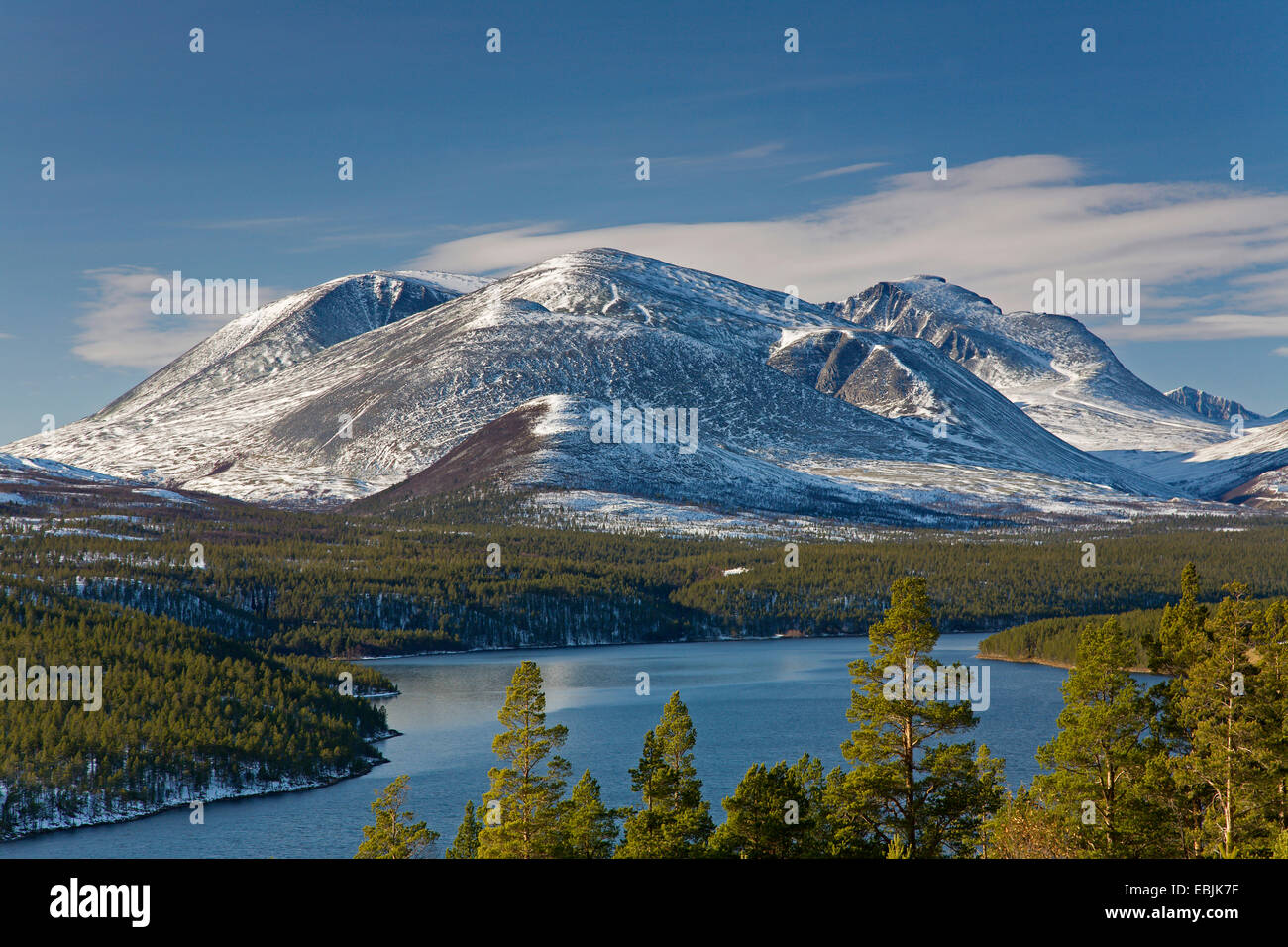 Atn lake and Rondane mountain at Sohlbergplassen, Norway, Fylke Hedmark Stock Photo