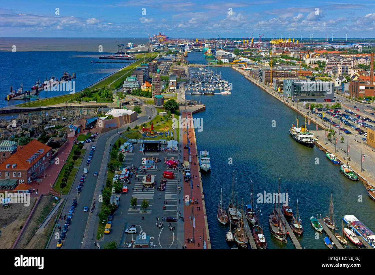 panoramic view over the Neuen Hafen, Havenwelten and marina with the container terminal in the background, Germany, Bremerhaven Stock Photo