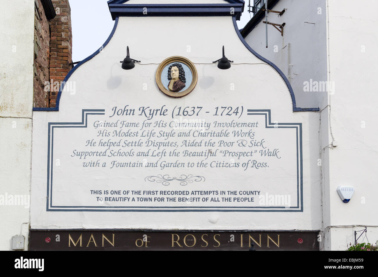 Sign celebrating the life of John Kyrle at the Man of Ross Inn pub in Ross-on-Wye in Herefordshire Stock Photo