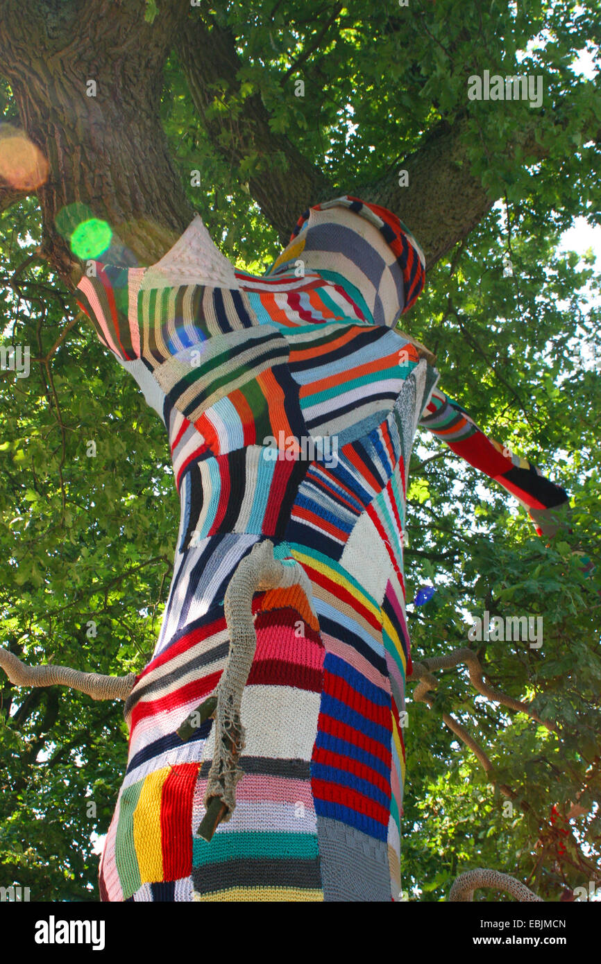 guerilla knitting at a tree trunk, Germany Stock Photo