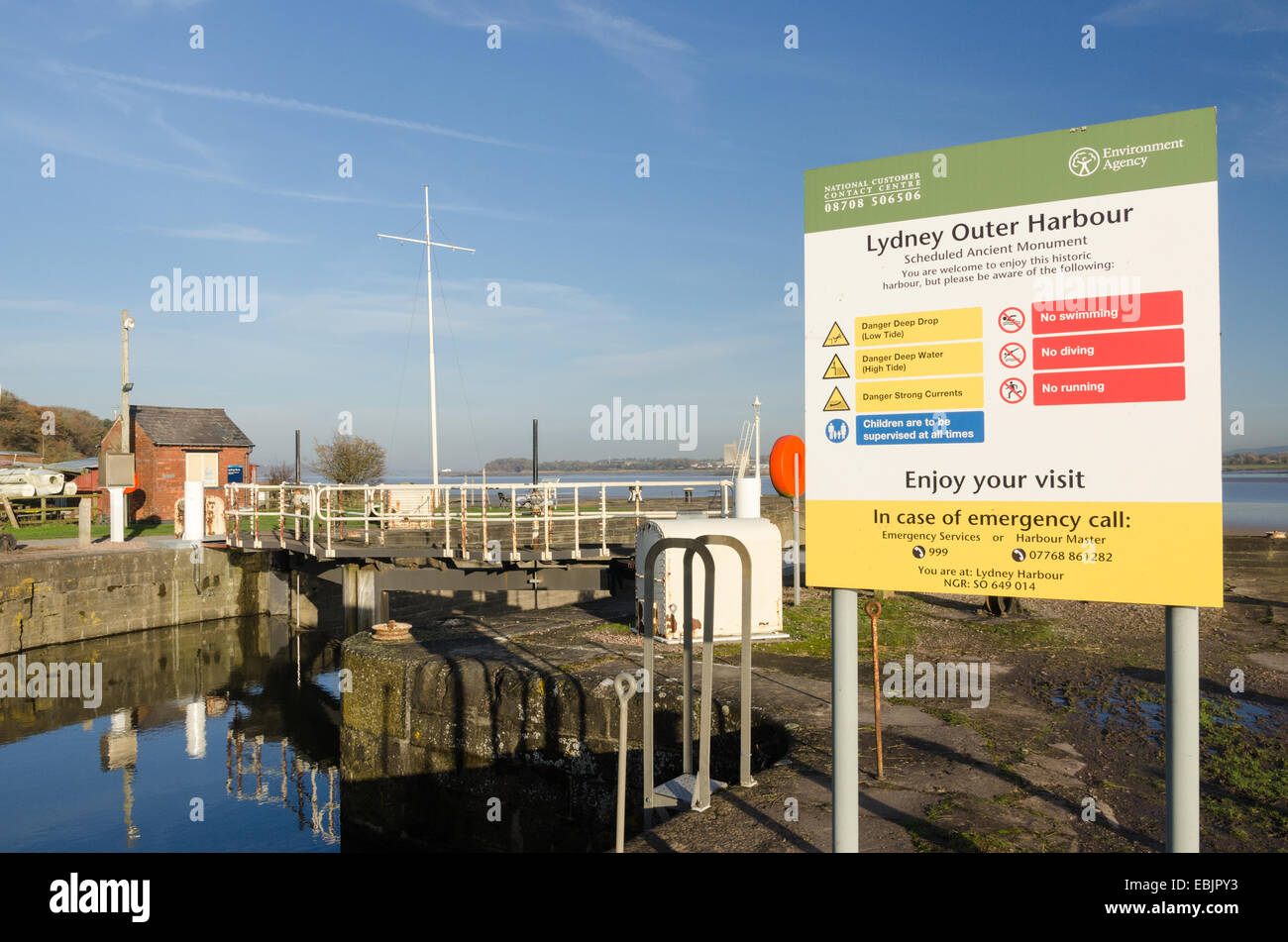 Sign for Lydney Outer Harbour on the West bank of the River Severn in Gloucestershire Stock Photo