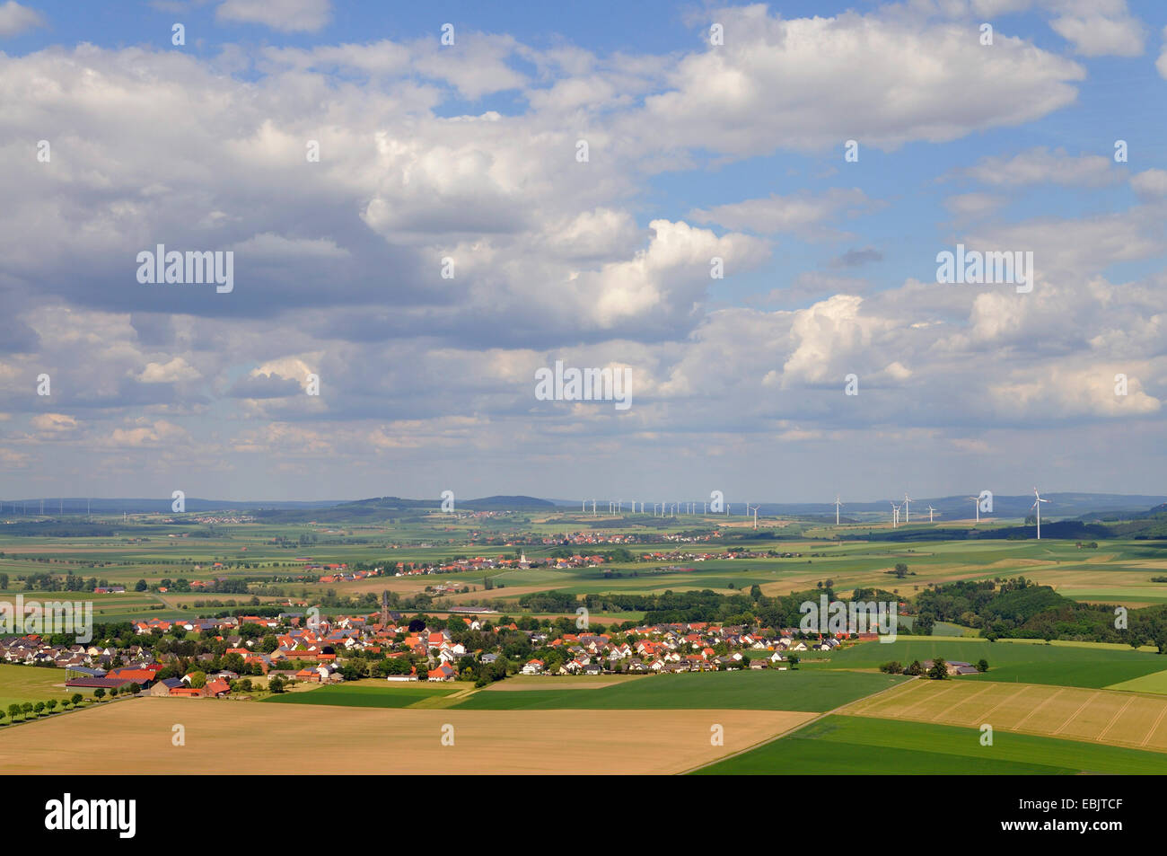 panoramic view over an agricultural landscape wind energy plant, Germany Stock Photo