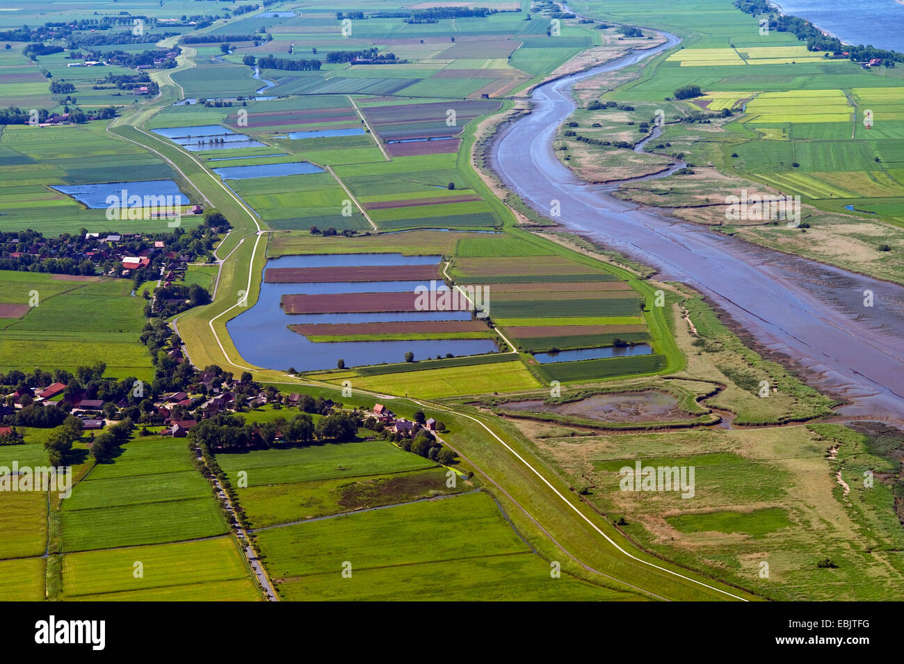 view to fish ponds and pastures, Germany, Lower Saxony, Cuxhaven, Sandstedt Stock Photo