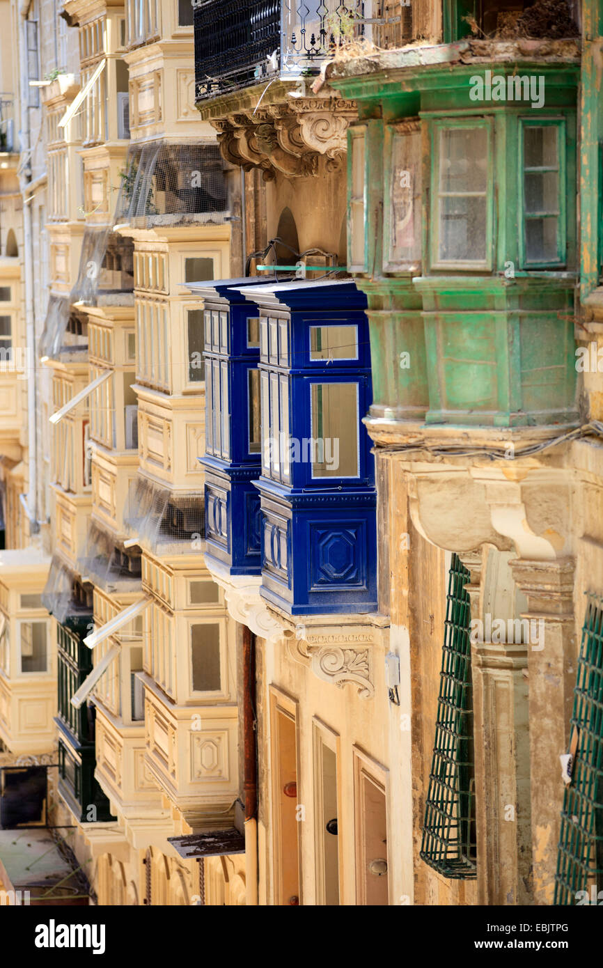 Traditional closed wooden balconies of Valletta city in Malta, Malta, Valletta Stock Photo