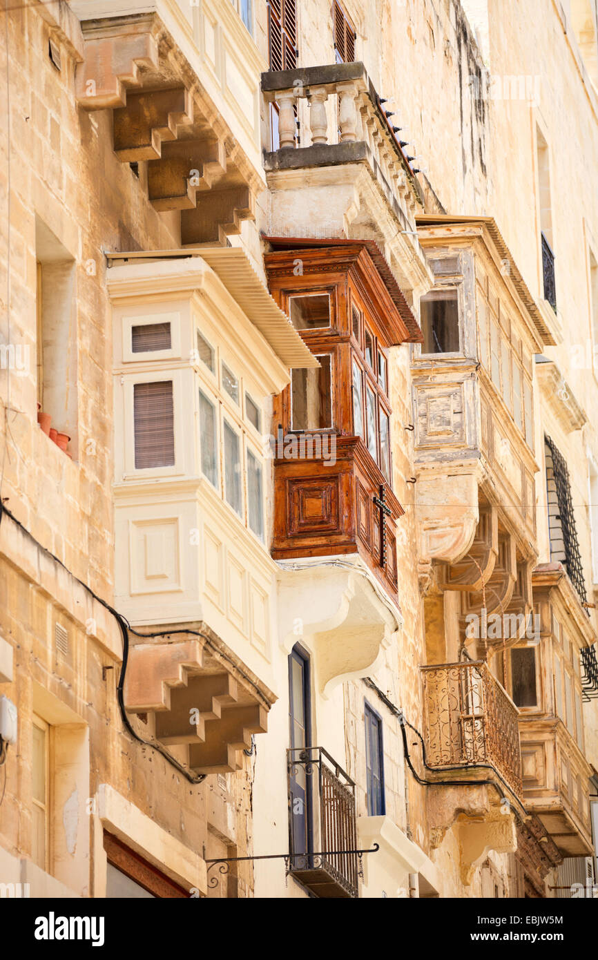 Traditional closed wooden balconies of Valletta city in Malta, Malta, Valletta Stock Photo