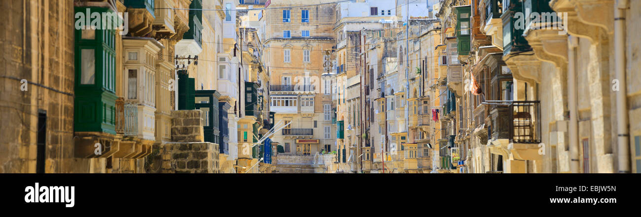 Traditional closed wooden balconies of Valletta city in Malta, Malta, Valletta Stock Photo